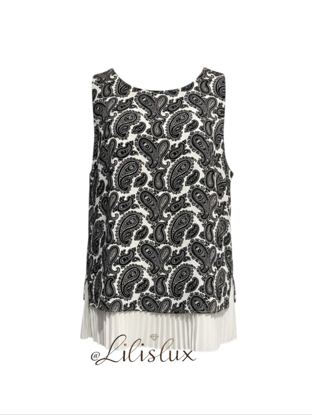 Banana Republic Medium Black White And Tan Paisley Asymetrical Pleated Tank Top